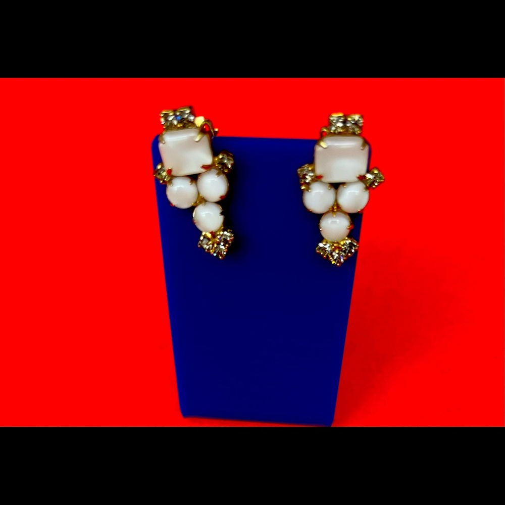Vintage Off White Rhinestone Clip On Earrings